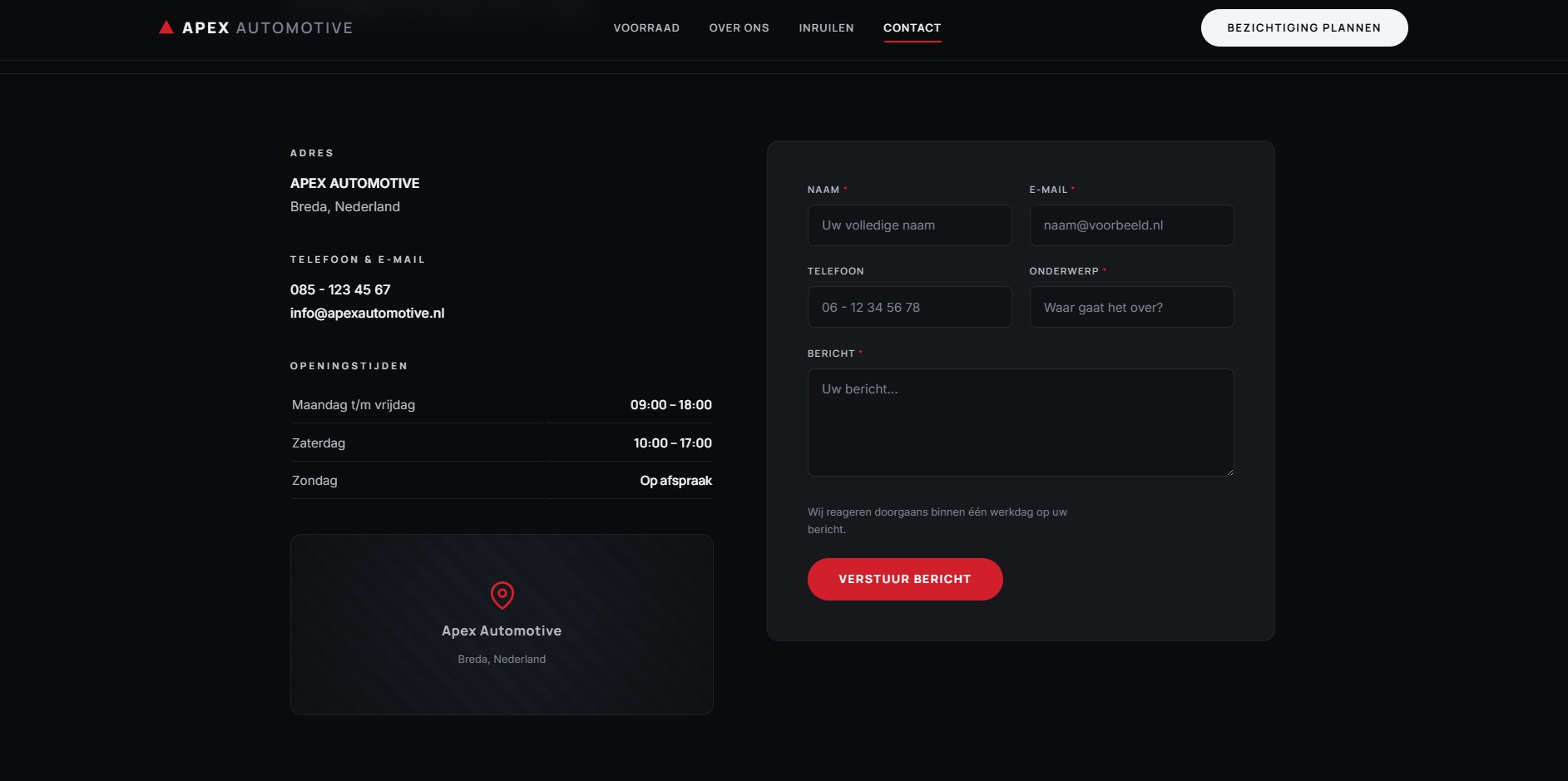 Apex Automotive — Contactpagina met formulier