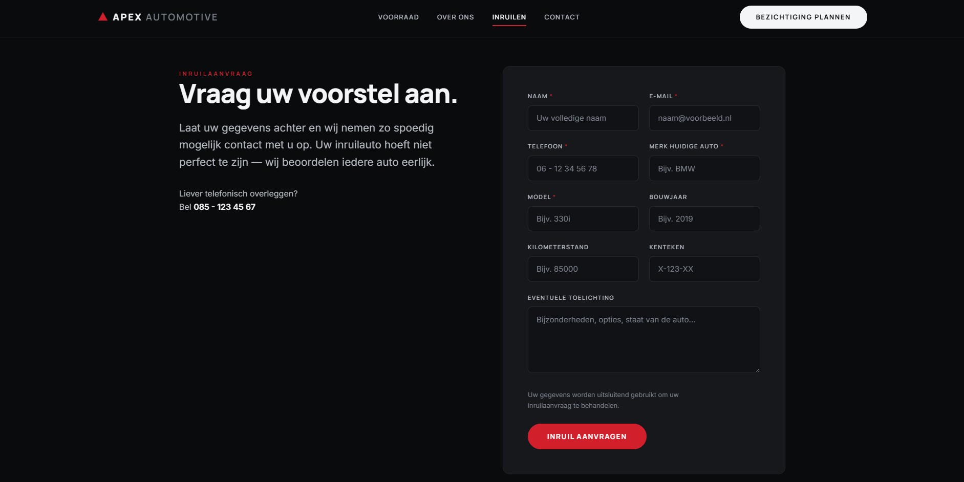 Apex Automotive — Inruilen, aanvraagformulier
