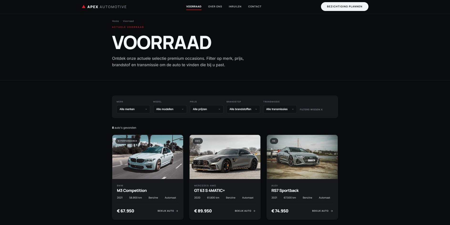 Apex Automotive — voorraadpagina met filters