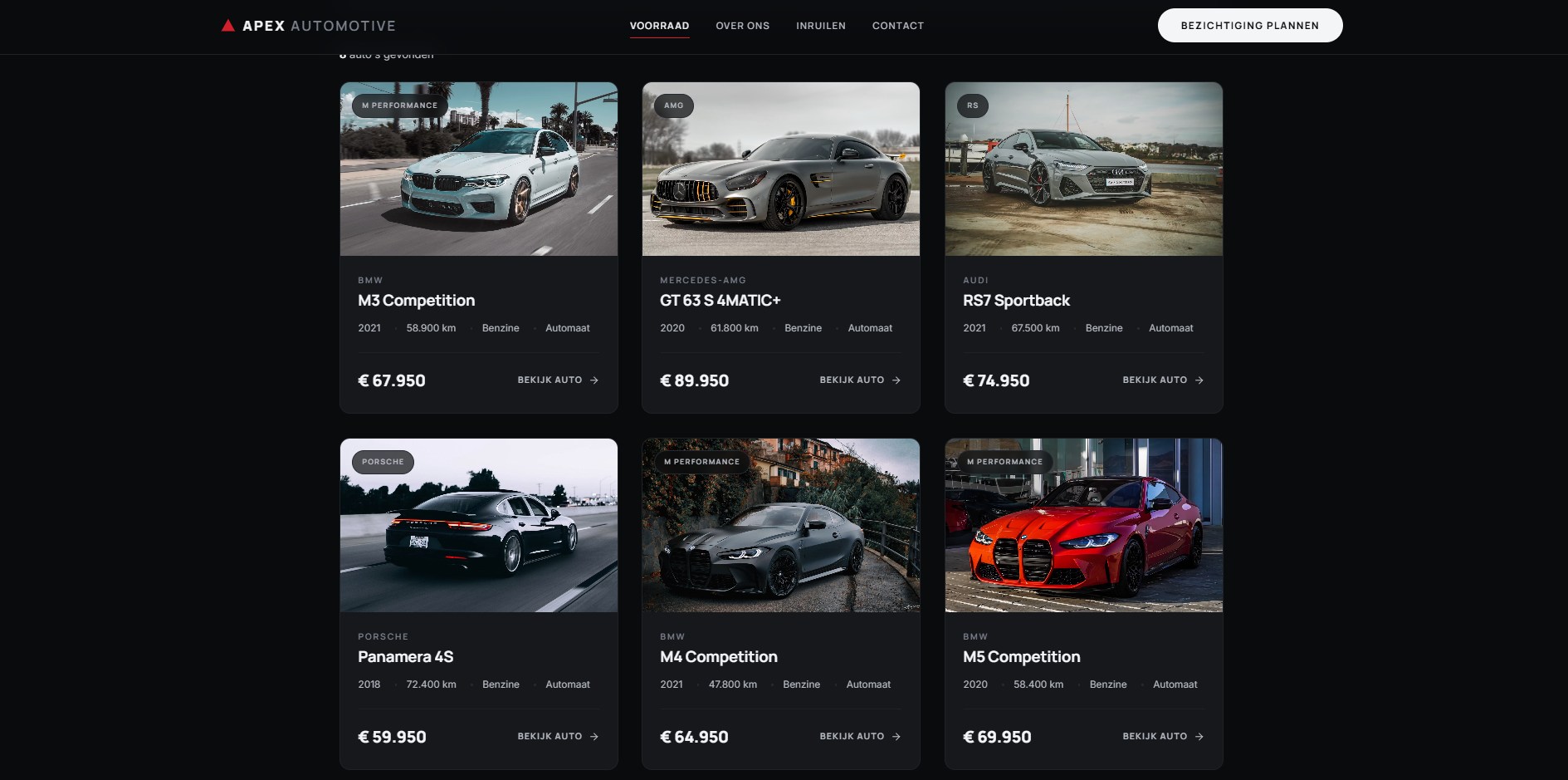 Apex Automotive — voorraadpagina met auto-overzicht
