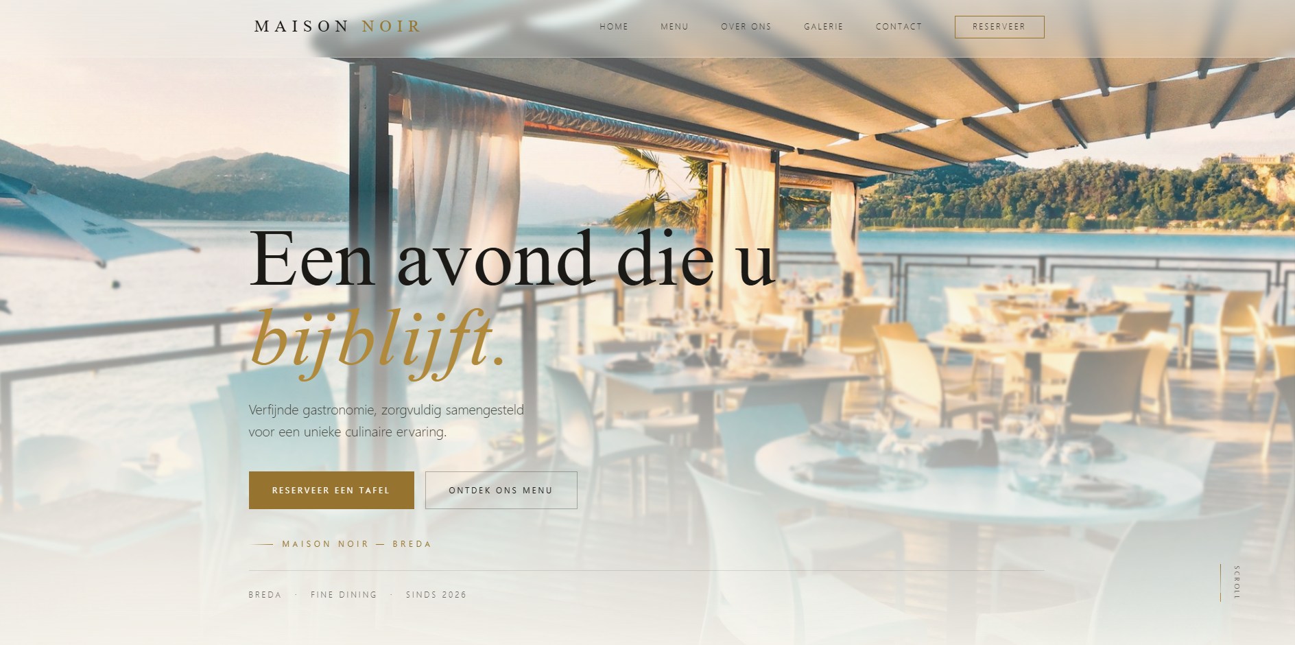 Maison Noir — homepage met sfeerbeeld en reserveringsoproep