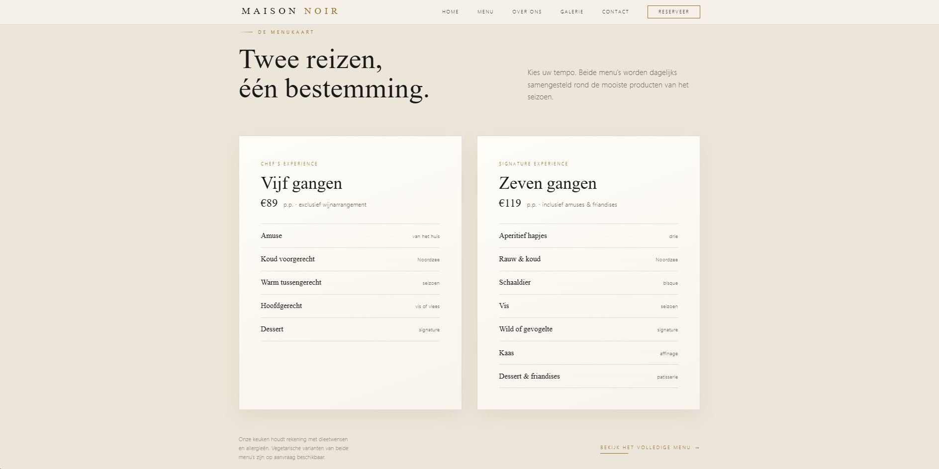 Maison Noir — de menukaart met twee menu’s