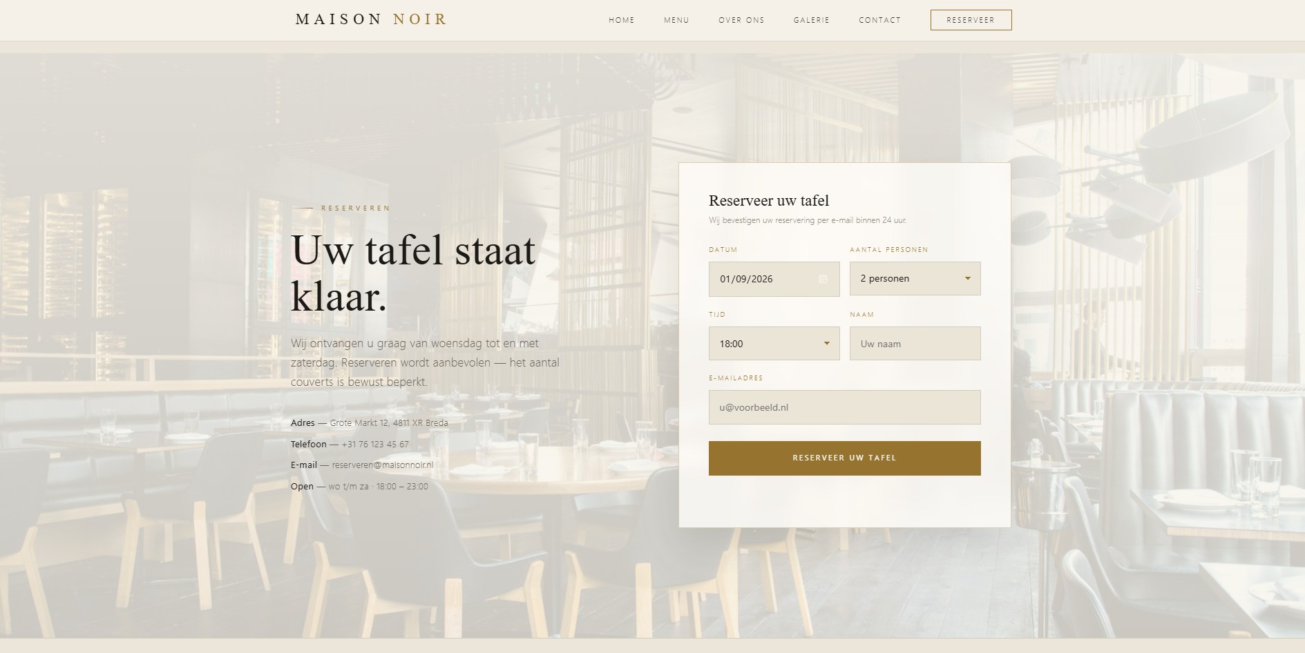 Maison Noir — reserveringspagina met formulier