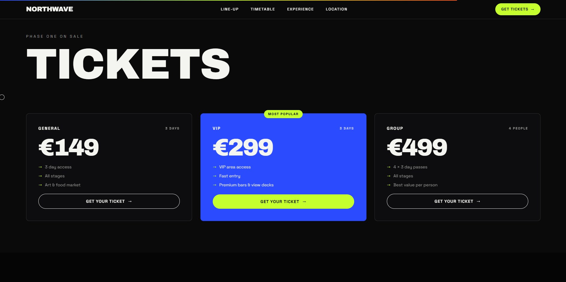 NORTHWAVE — ticketpagina met prijscategorieën