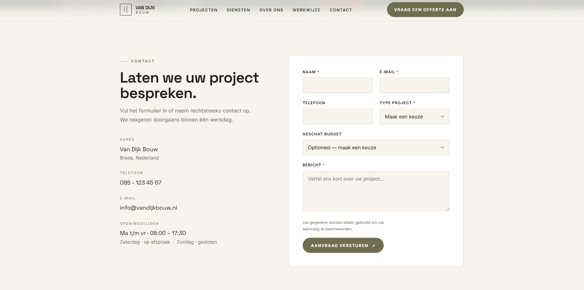 Van Dijk Bouw — contactpagina met formulier