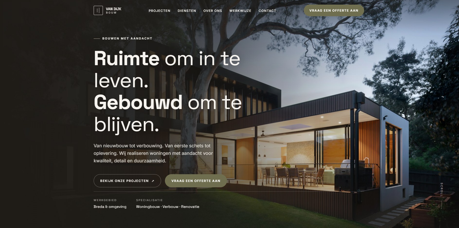 Van Dijk Bouw — homepage met sfeerbeeld en ‘Ruimte om in te leven’